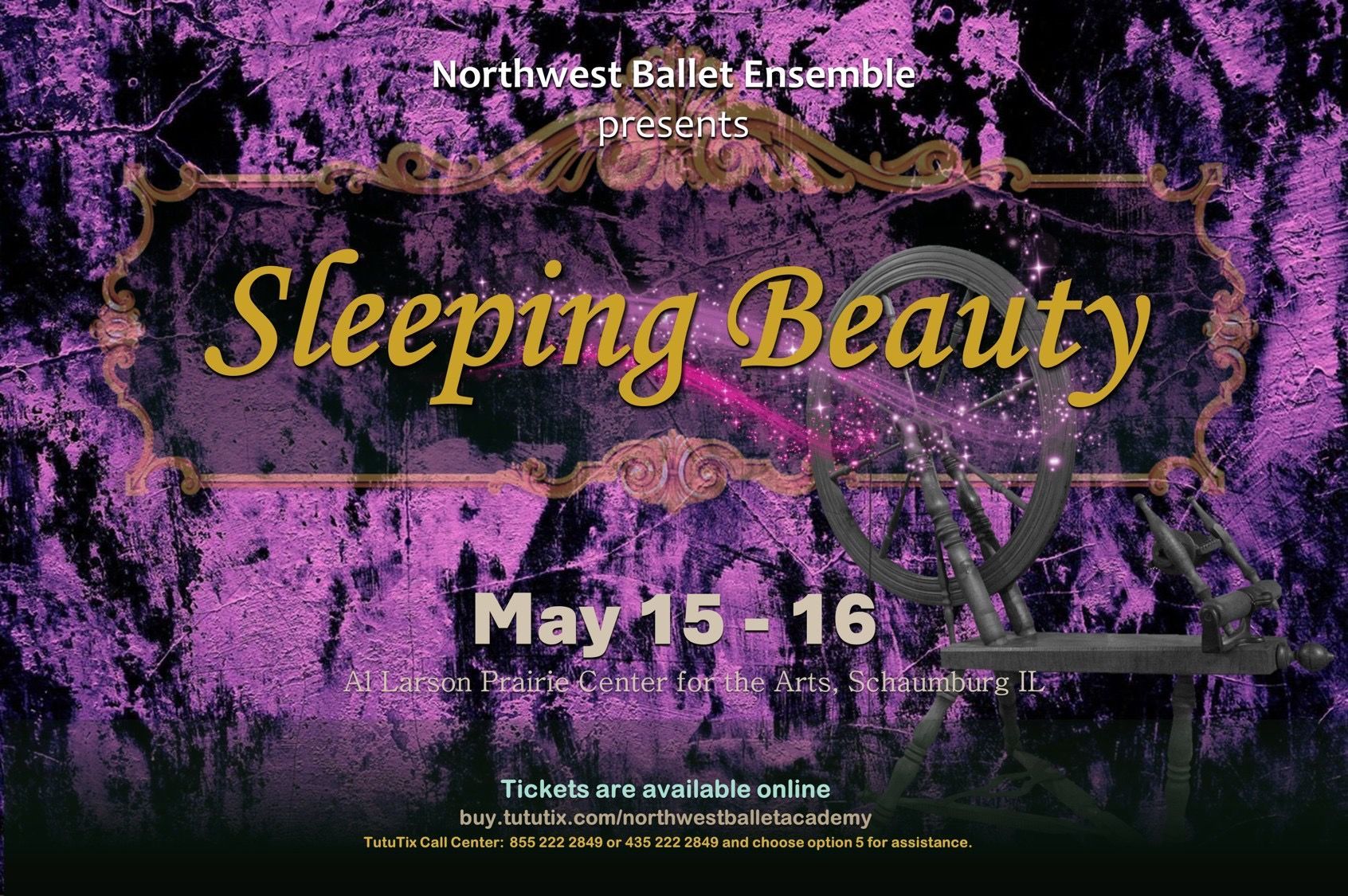 Sleeping Beauty ballet poster with purple floral background, featuring May 15–16 dates and gold title text