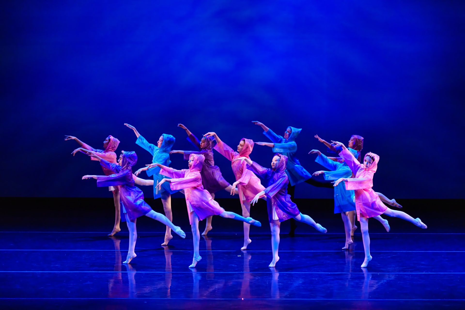 Ballet dancers in pink and blue costumes perform on a blue-lit stage