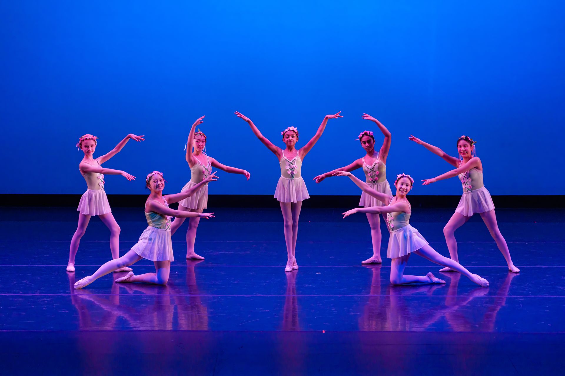 Seven ballet dancers in pink costumes pose on a blue-lit stage.