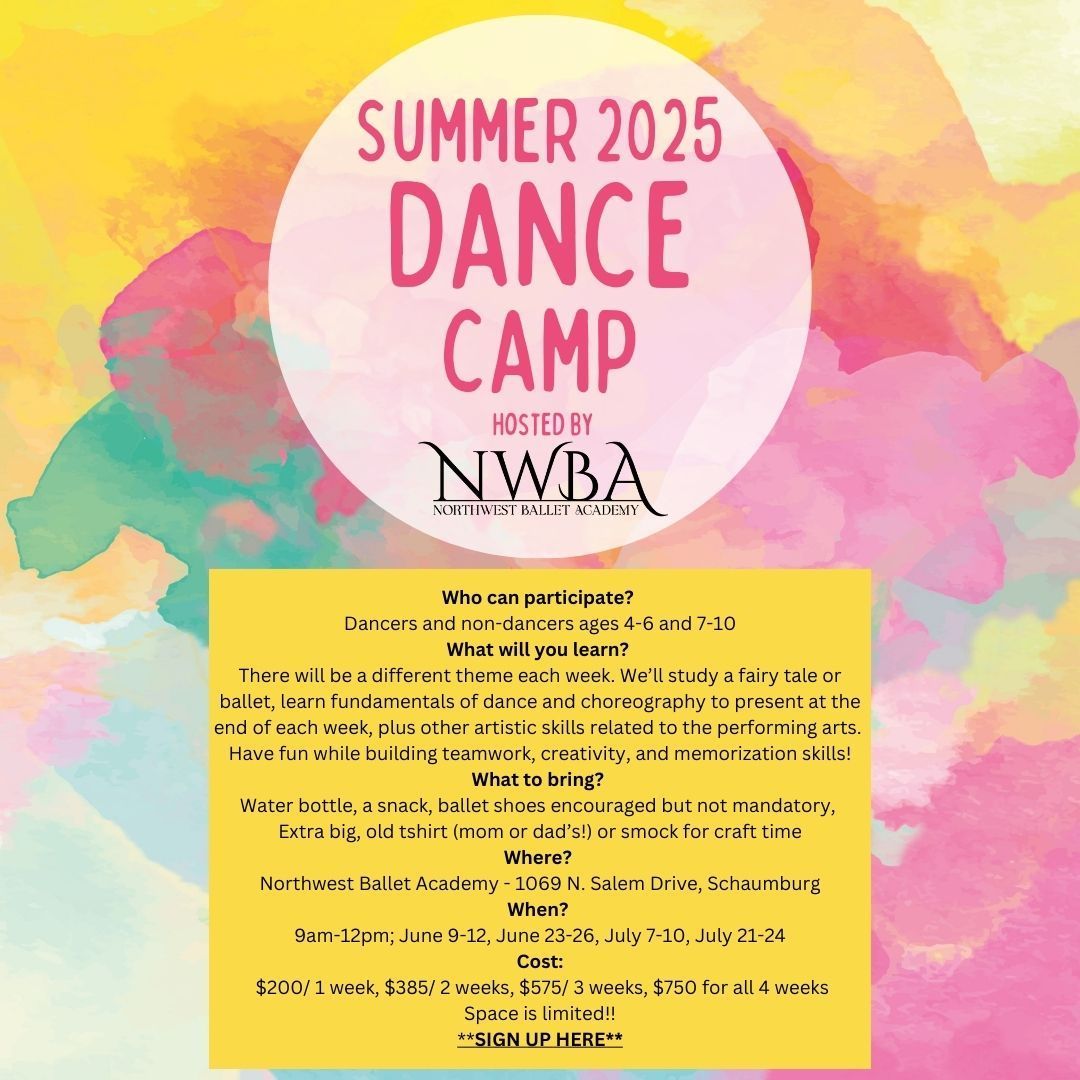 Summer 2025 Dance Camp flyer with pastel watercolor background and event details in yellow box