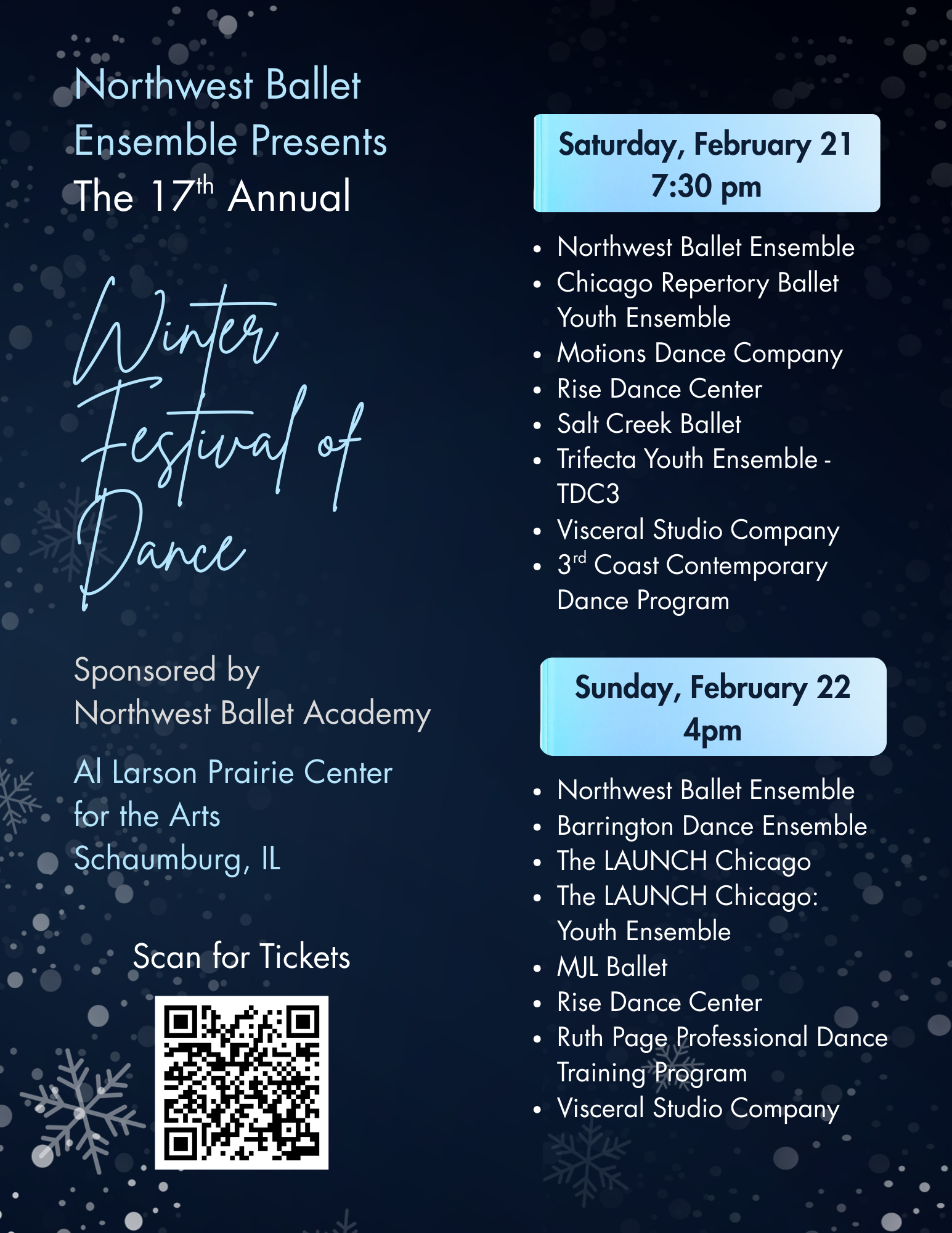 Dark blue poster for Northwest Ballet’s 17th annual Winter Festival of Dance with event dates and QR code