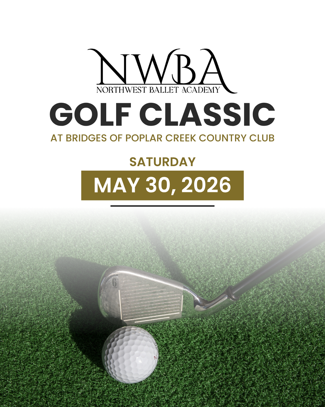 NWBA Golf Classic poster with golfer, golf ball on green, and date Saturday, May 30, 2026