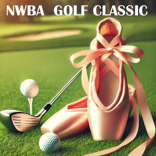 NWBA Golf Classic poster with pink satin golf shoes, clubs, and golf balls on green grass