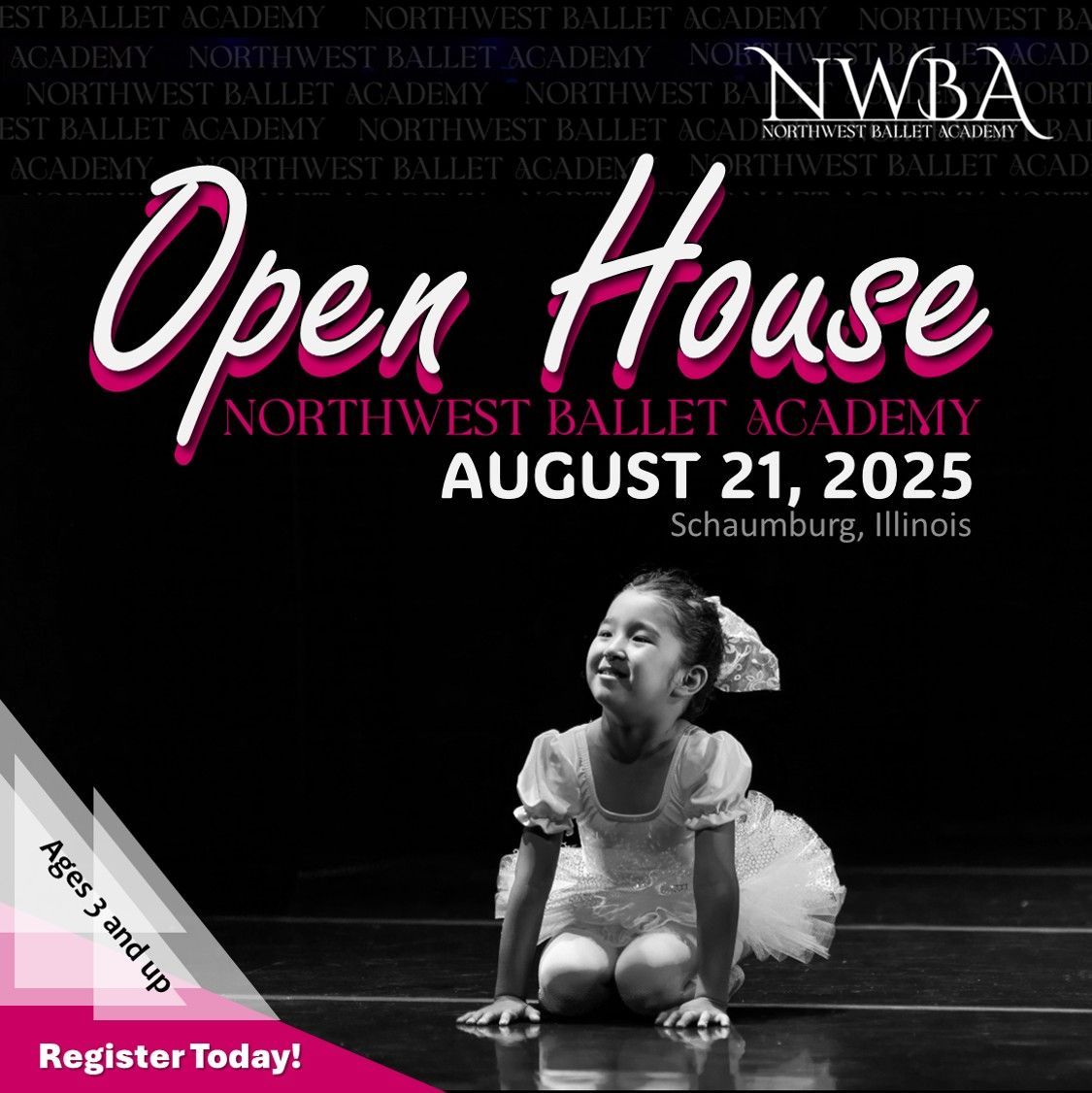 NWBA Open House poster with seated child dancer, August 21, 2025, Schaumburg, Illinois, and