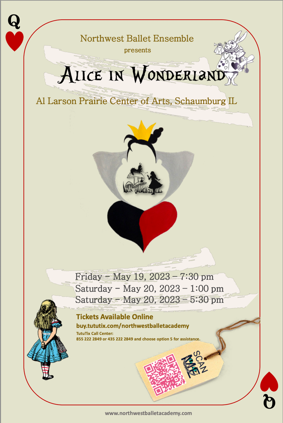 Alice in Wonderland tea party flyer with hearts, playing cards, and a teapot illustration in beige and red.
