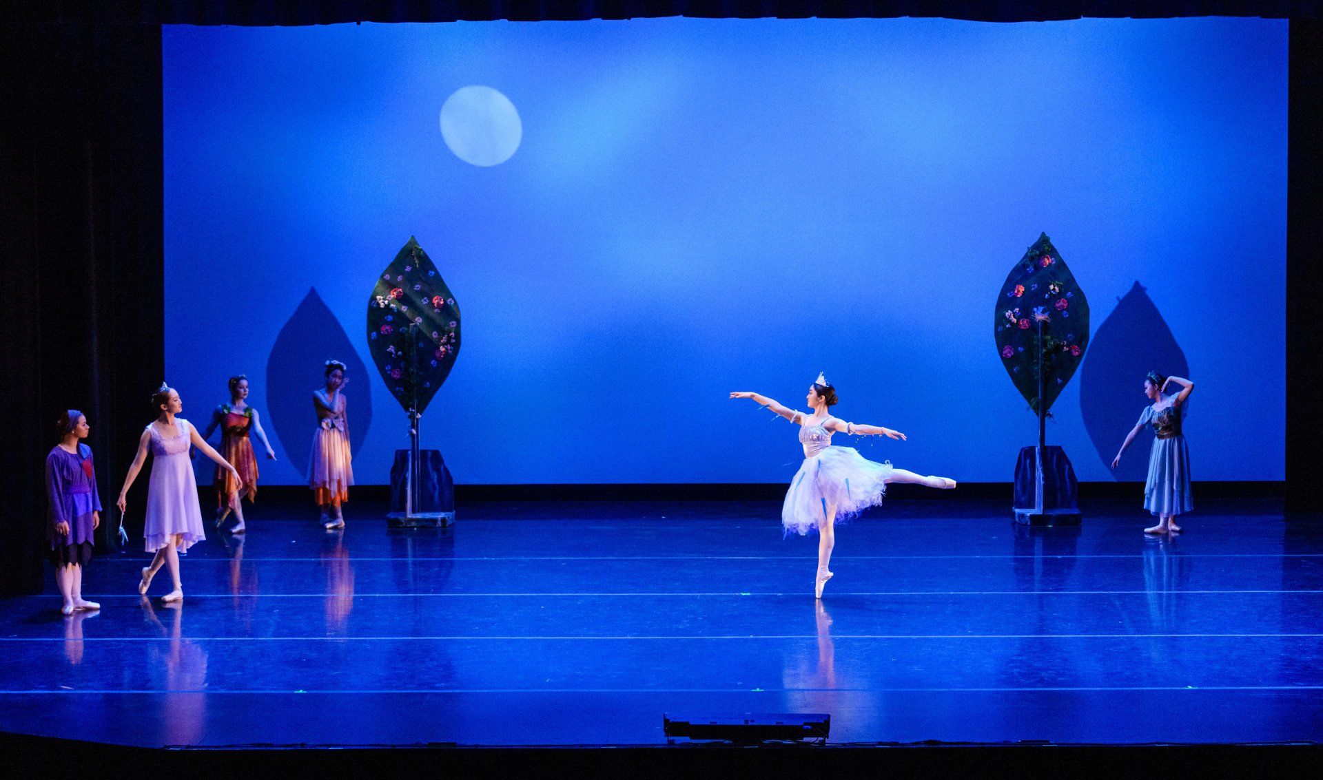 Ballet dancers on a blue-lit stage, with a central dancer in white under a moon-like backdrop.