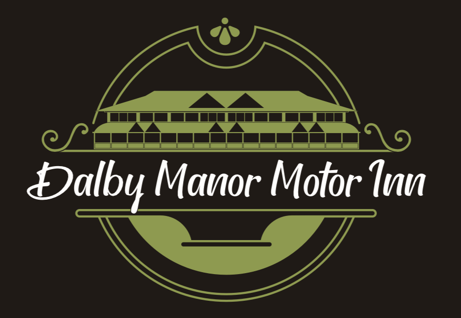 Dalby Manor Motor Inn logo in cream and green on a dark background