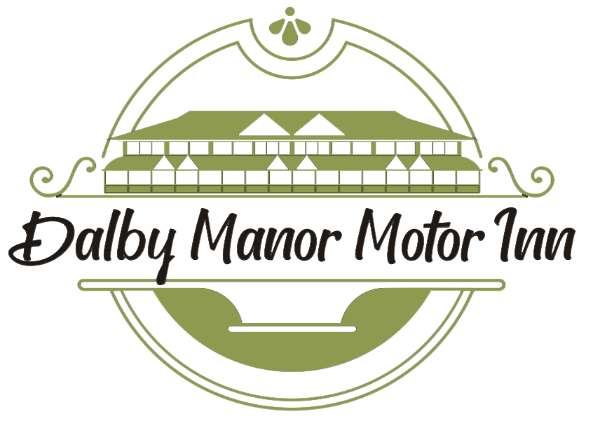 Dalby Manor Motor Inn logo with green circular emblem and stylized building text.