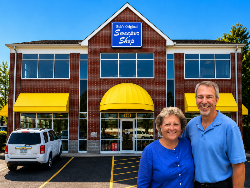 Two people standing outside a brick storefront with yellow awnings and a blue sign above the entrance