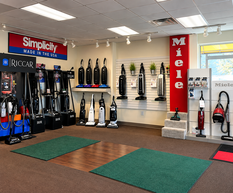 Brightly lit vacuum cleaner showroom with display models on tiled walls and green floor mats.