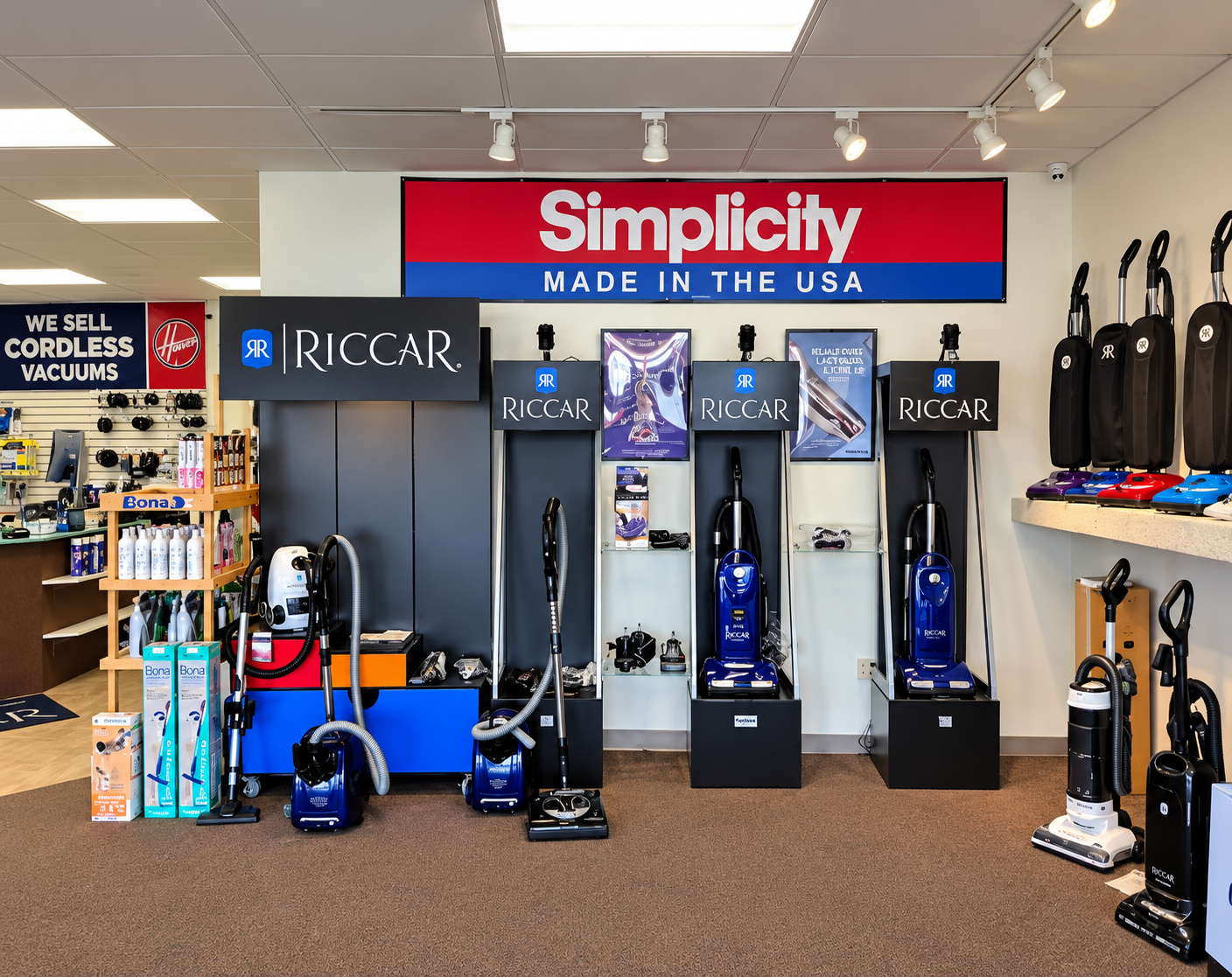 Vacuum store display with Riccar and Simplicity models in a showroom