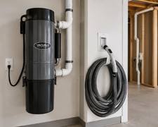 Central vacuum unit with coiled hose mounted on a wall in a hallway