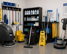 Cleaning supplies and floor machines arranged in a janitorial storage area with a caution sign.