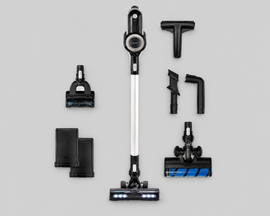 Set of black vacuum cleaner attachments and tools around a white stick vacuum on a light background