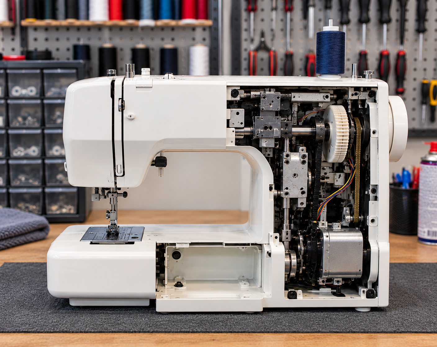 White sewing machine on a workbench with its side cover removed, exposing internal mechanisms.