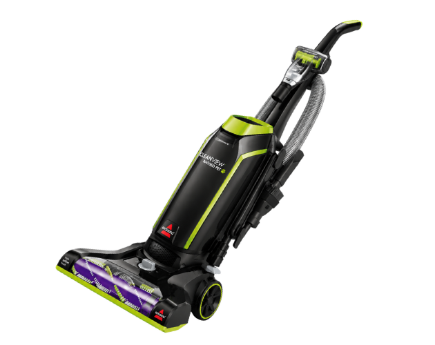 Black and lime upright vacuum cleaner with purple brush head on a white background
