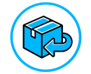 Blue delivery box with a circular arrow icon inside a blue-outlined circle