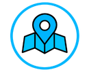 Blue location pin inside a blue circle on a white background