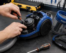 Hands repairing a blue vacuum cleaner on a workbench with tools nearby