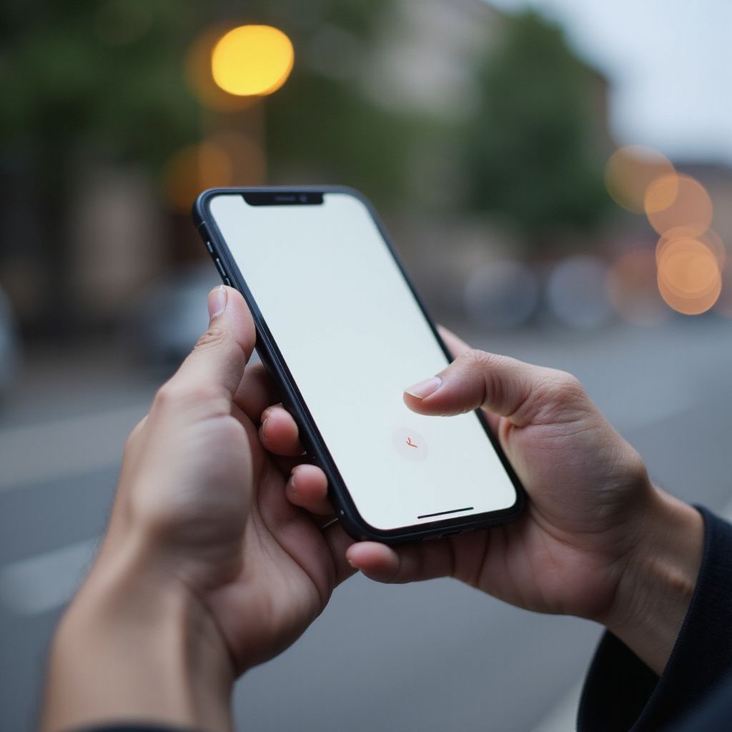 Person holding a smartphone with a blank white screen outdoors; blurred background with lights and a street.