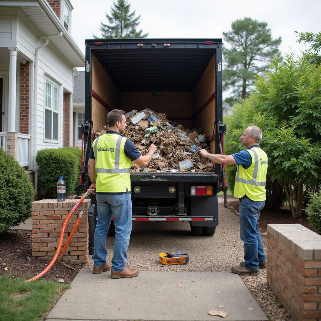 Two men in yellow vests loading a truck with debris, parked in a driveway next to a house.