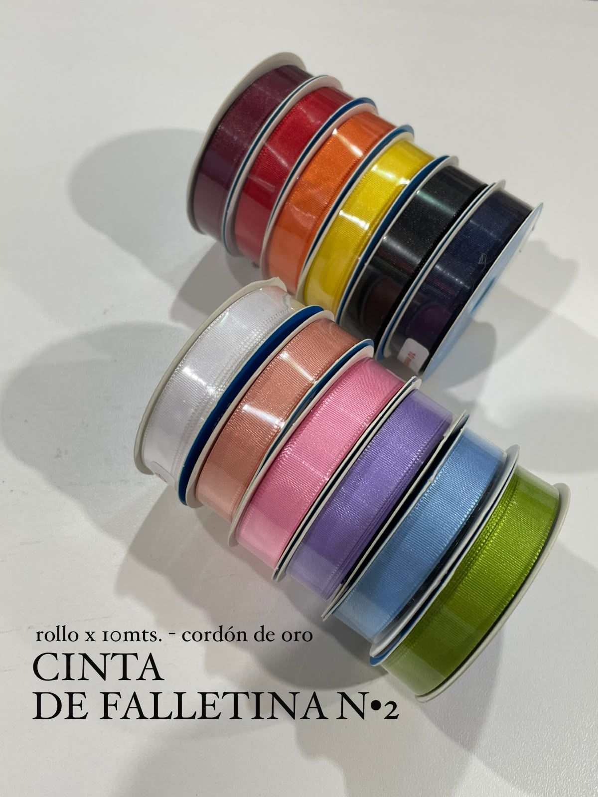 Dos filas de carretes de cinta de colores, con el texto en español “Cinta de Falletina N°2”.