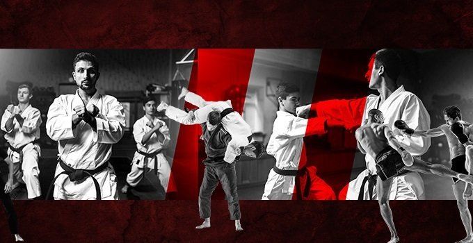 Karate athletes in white uniforms practice and spar in a red, black, and white collage.