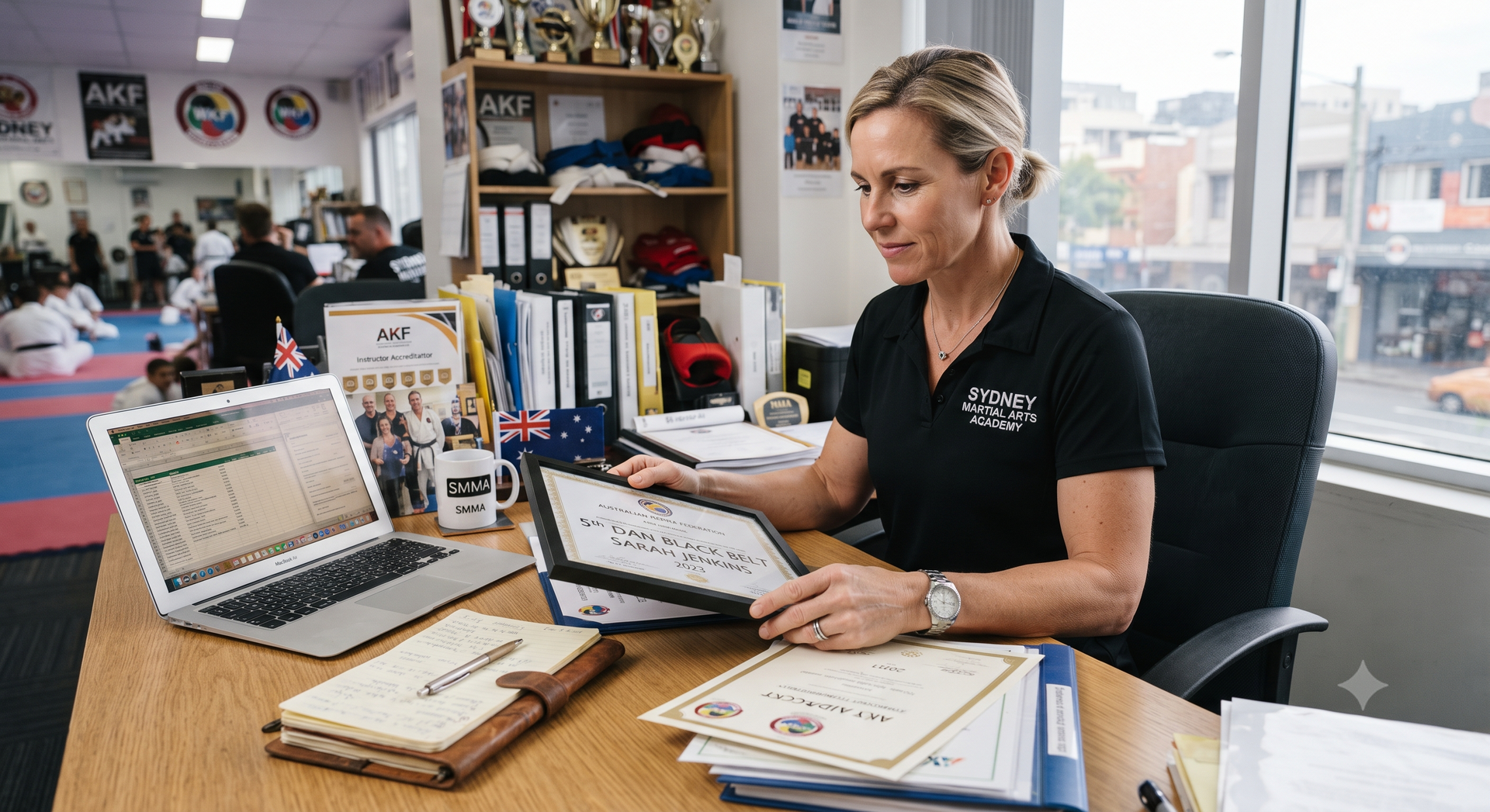 Woman reviewing documents at a desk with a laptop in an office, surrounded by files and books.
