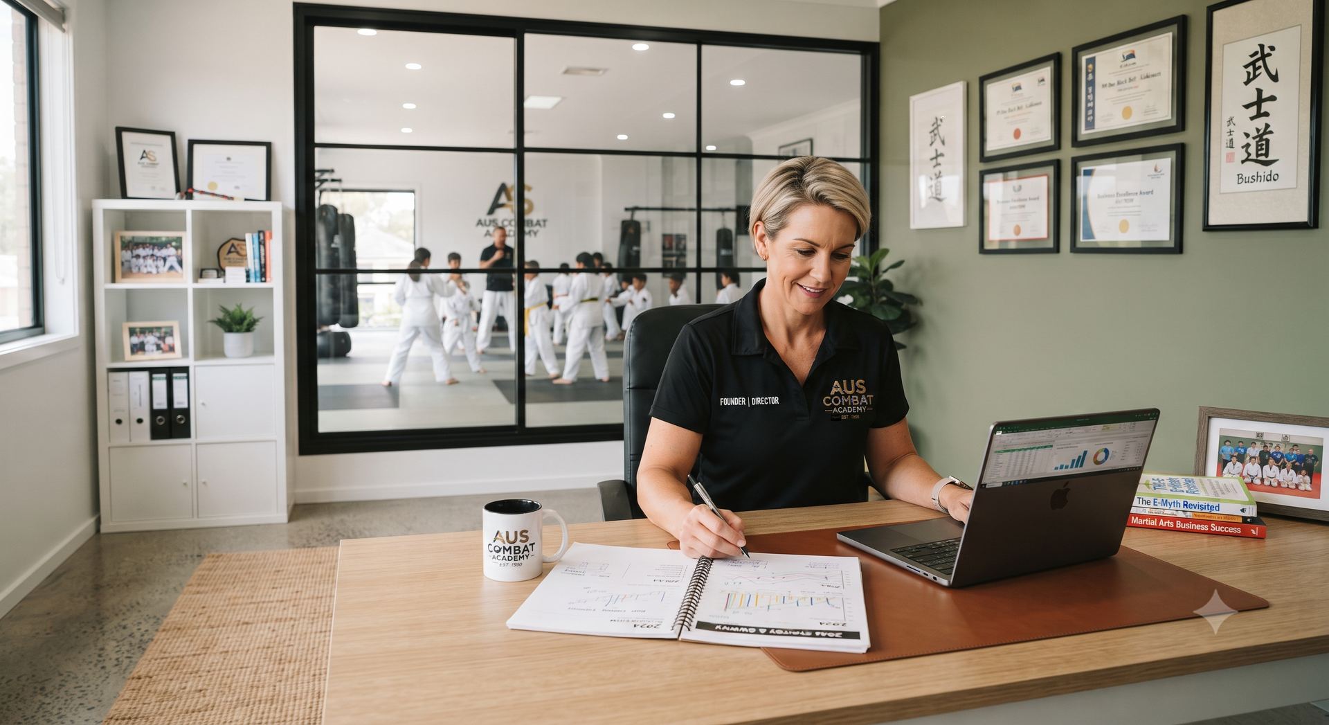 Woman at a front desk in a bright office, writing beside an open laptop and mug, with framed certificates on the wall.
