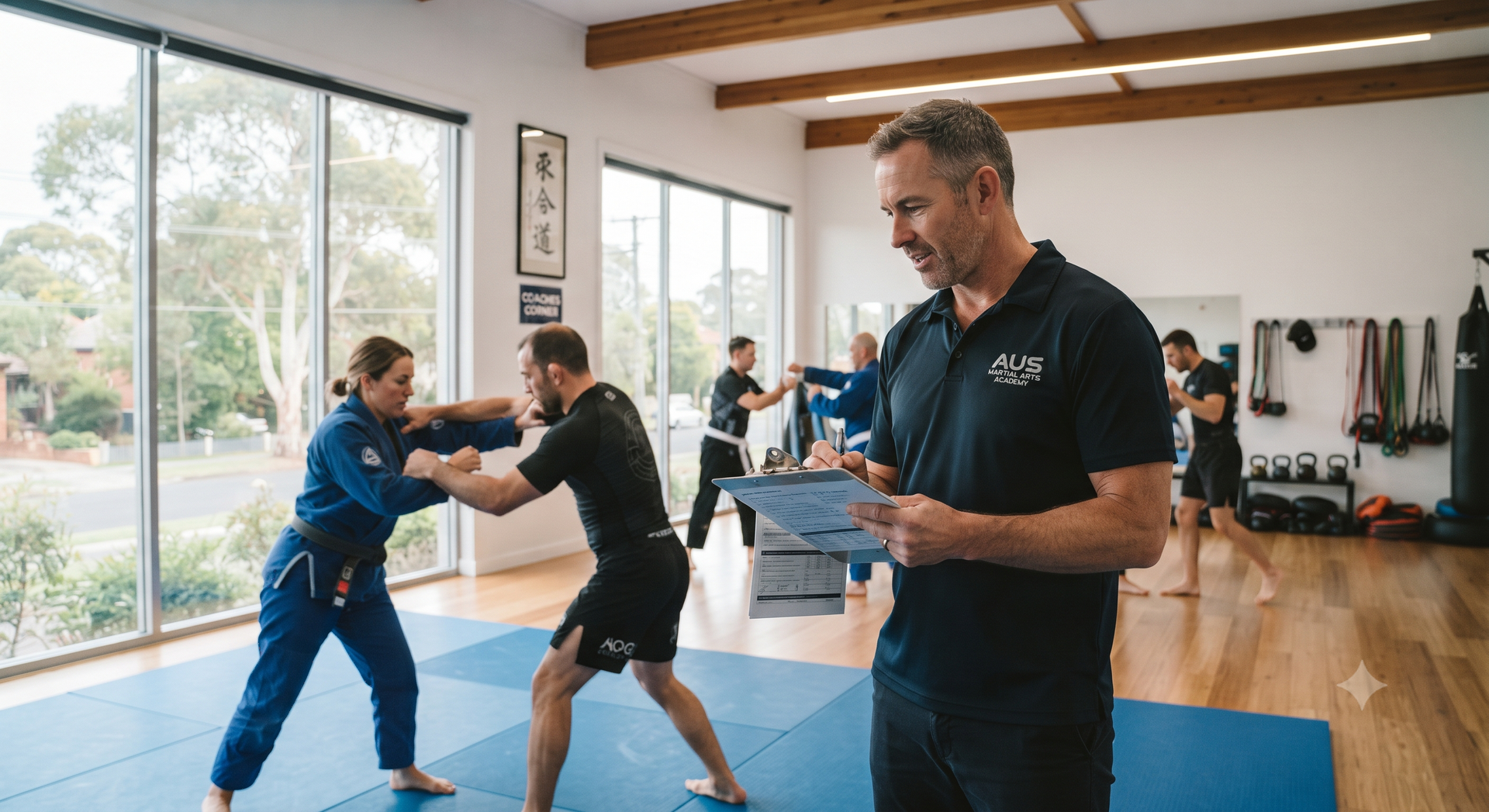 Martial arts class in a bright studio, with students sparring on blue mats while an instructor watches nearby