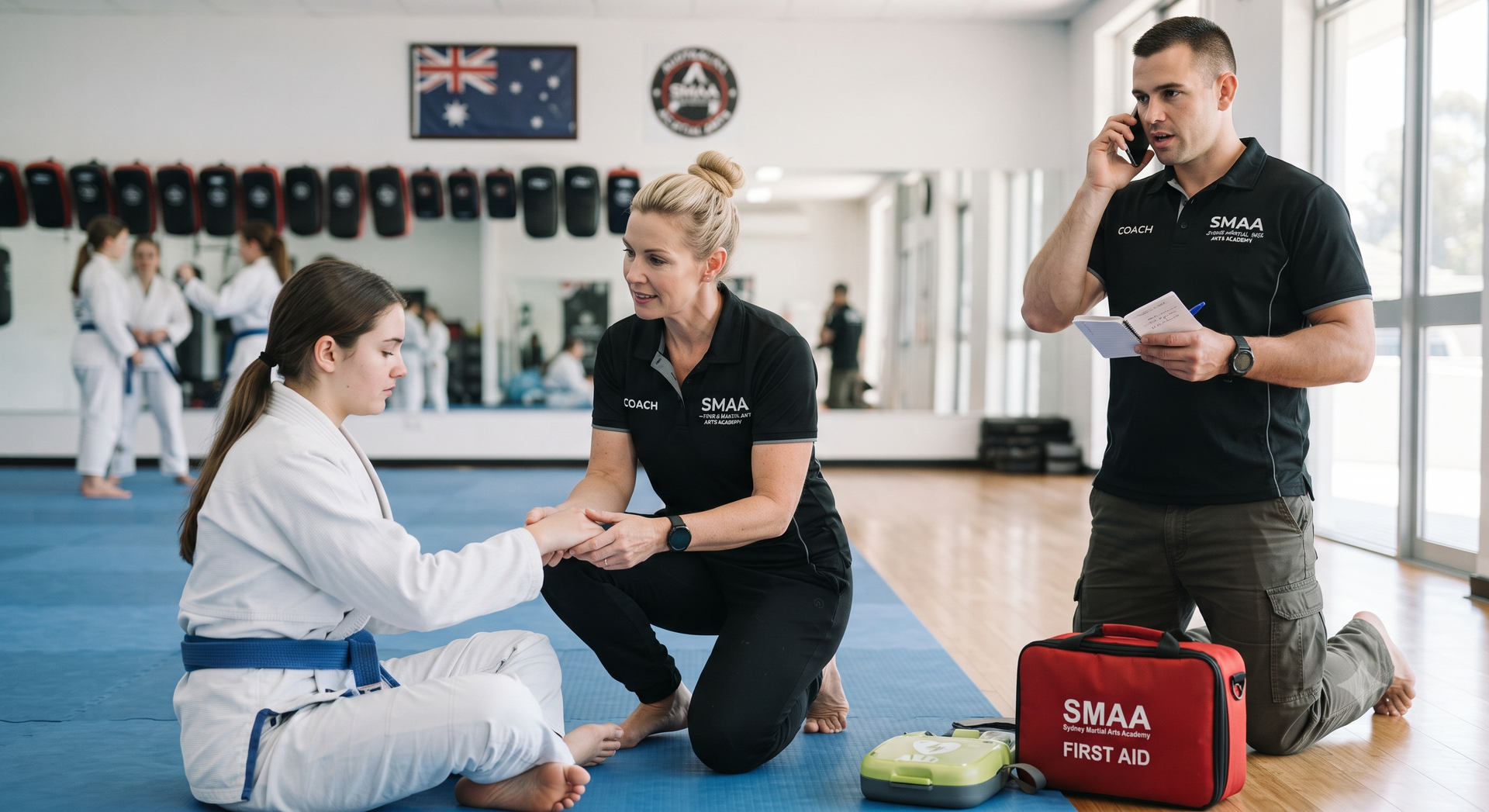 Three martial arts students practicing wrist holds on blue mats, with a coach observing in a training studio