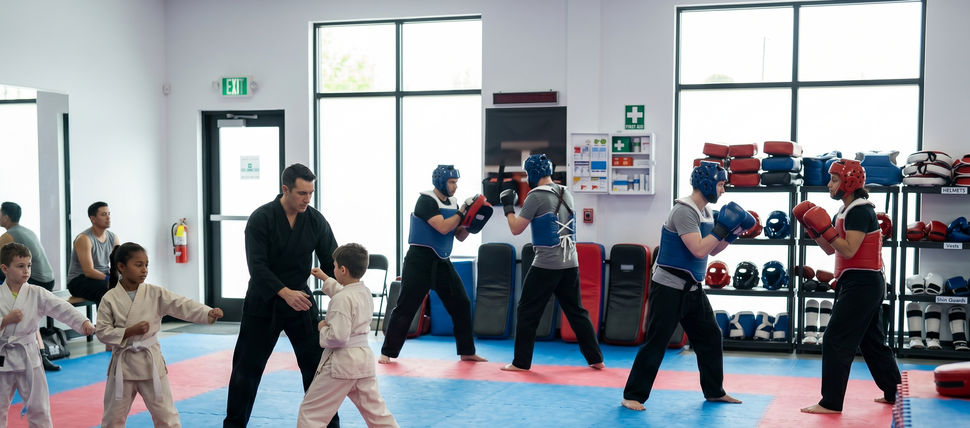 Martial arts class practicing kicks and punches in a bright studio with mats and training equipment