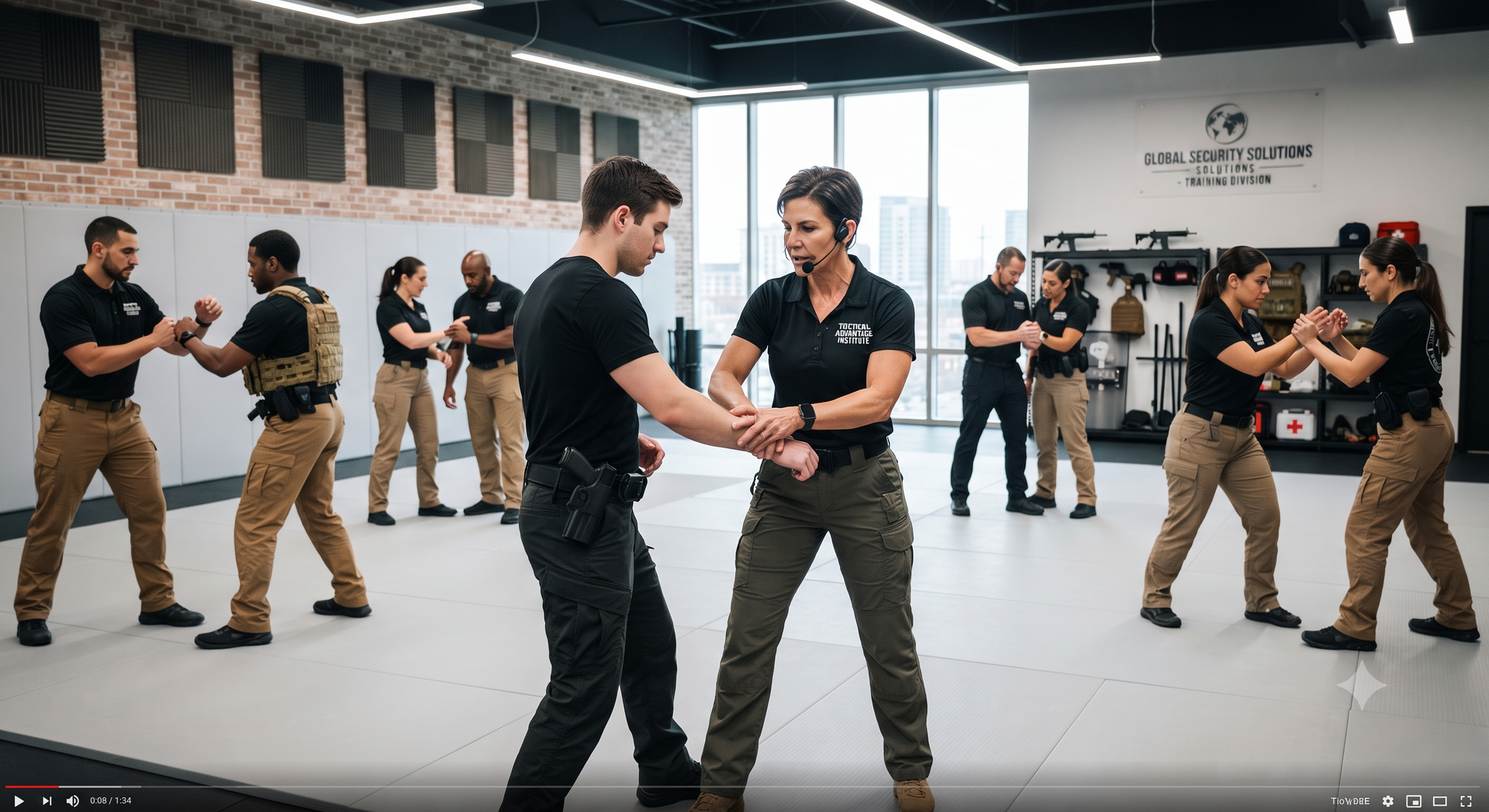 Two people practice self-defense holds in a martial arts studio, with others drilling in the background.
