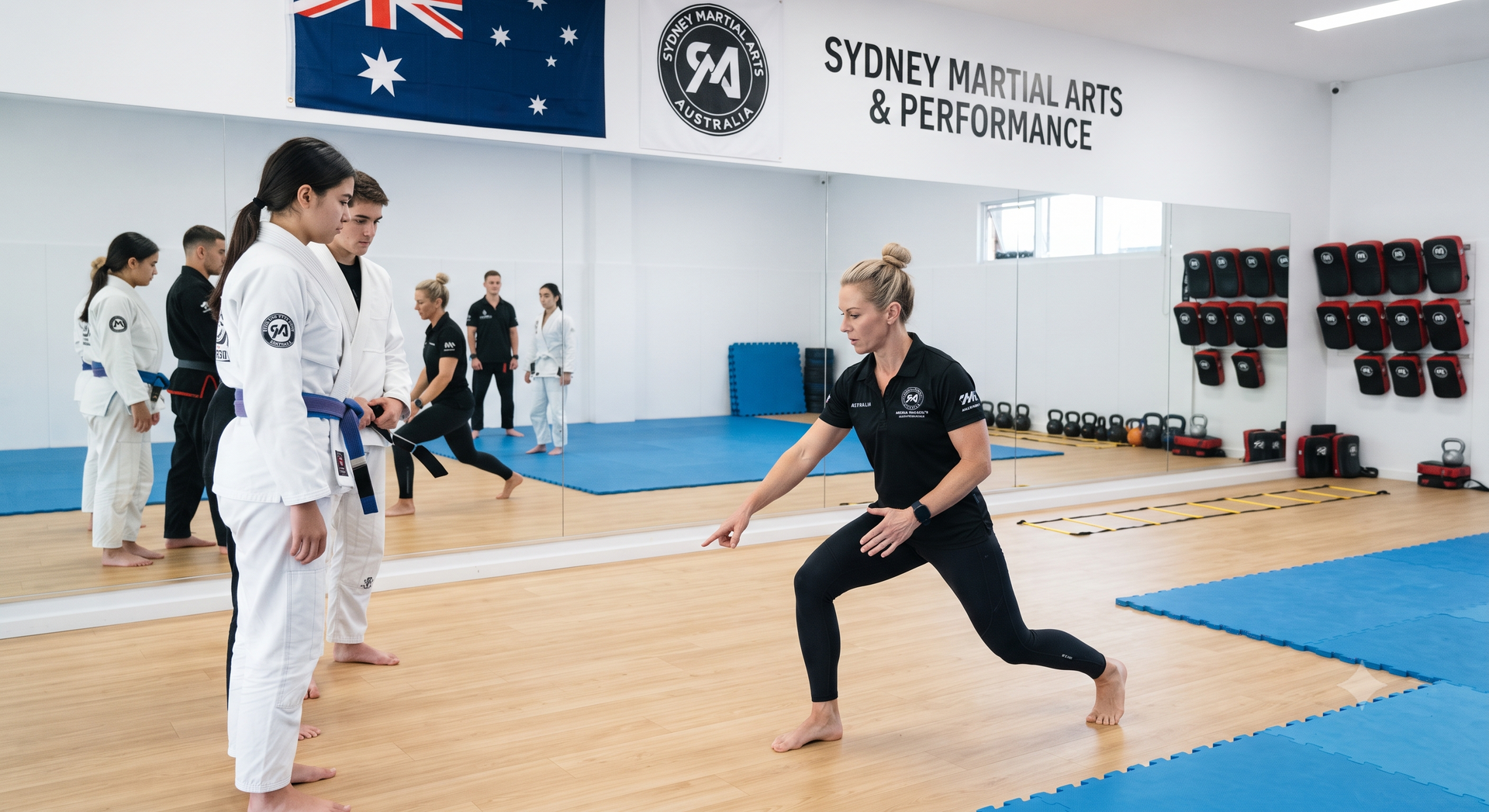 Martial arts class in a studio, instructor in black demonstrating a lunge to a student in a white gi.