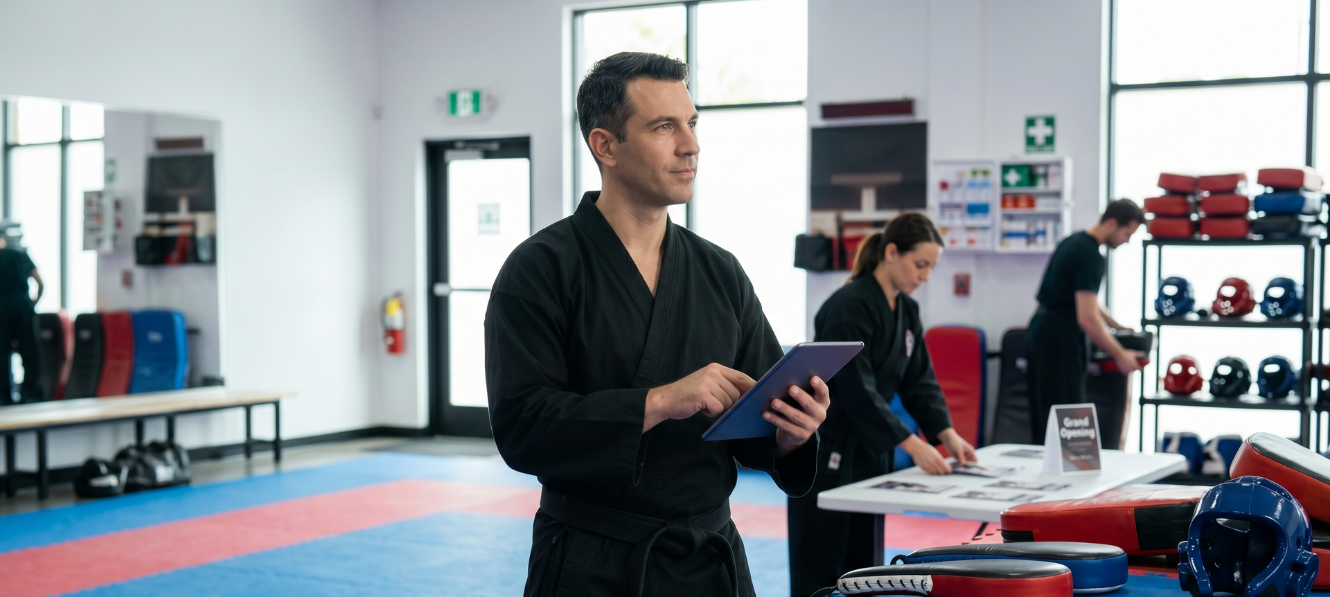 Person holding a tablet in a gym, with boxing gloves and equipment on racks in the background