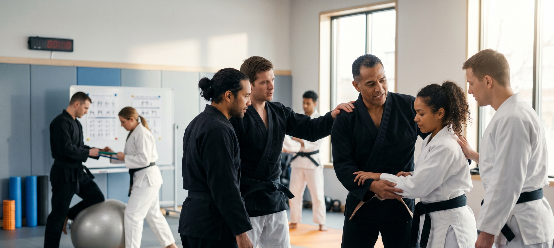 People practicing martial arts in a bright studio, with an instructor guiding a small group.