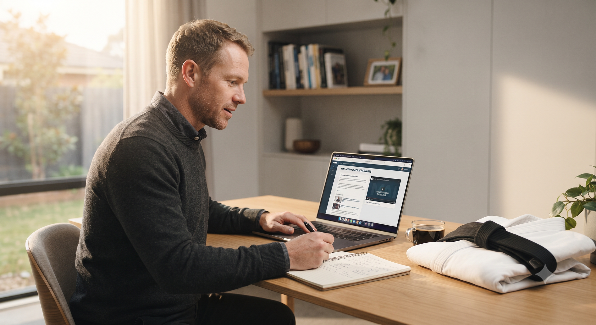 Person working at a laptop beside papers in a sunlit home office