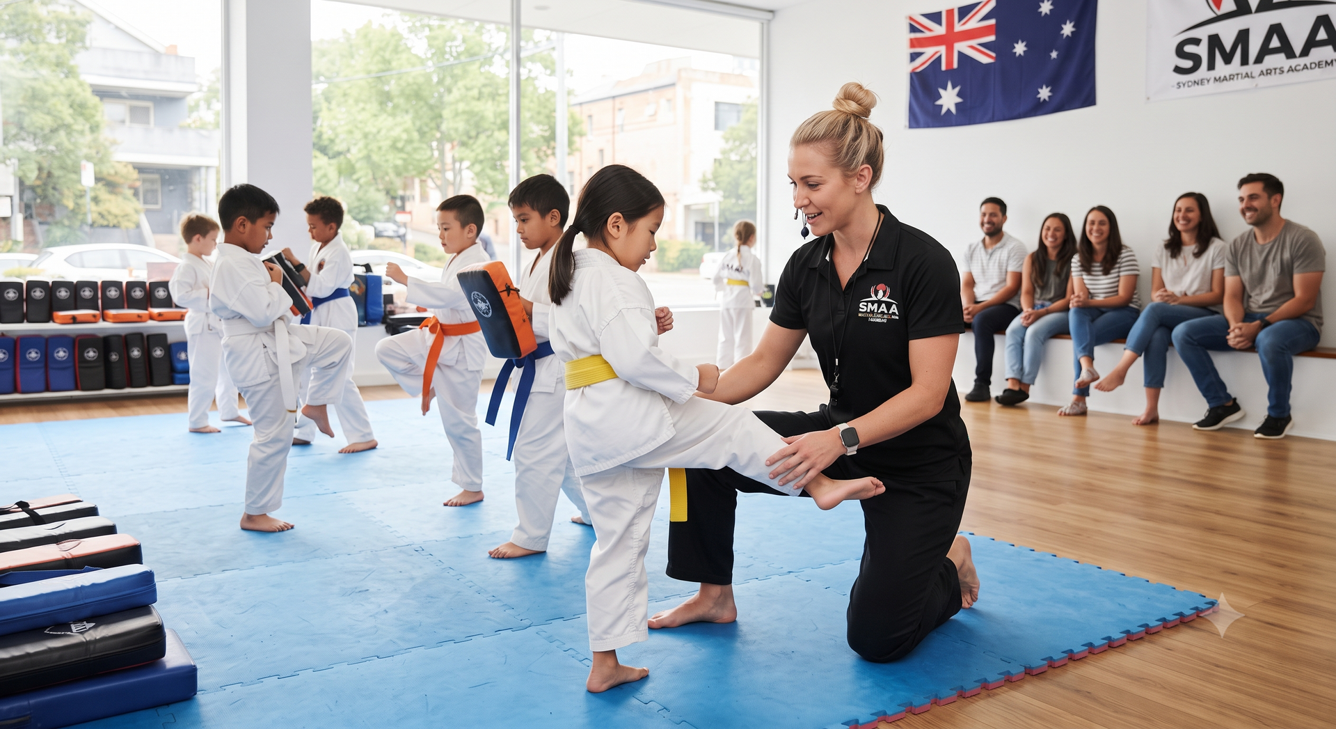 Martial arts class practicing kicks with instructor in a bright studio with mats and Australian flag