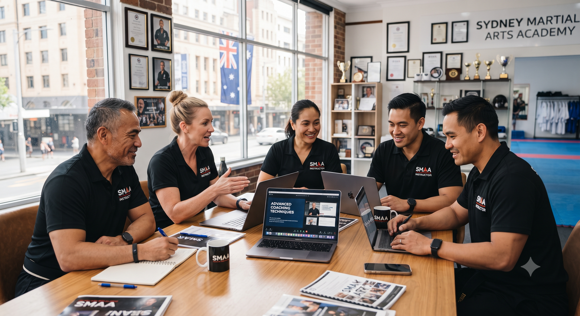 Five people in black shirts gathered around laptops at a meeting table in a martial arts academy office.