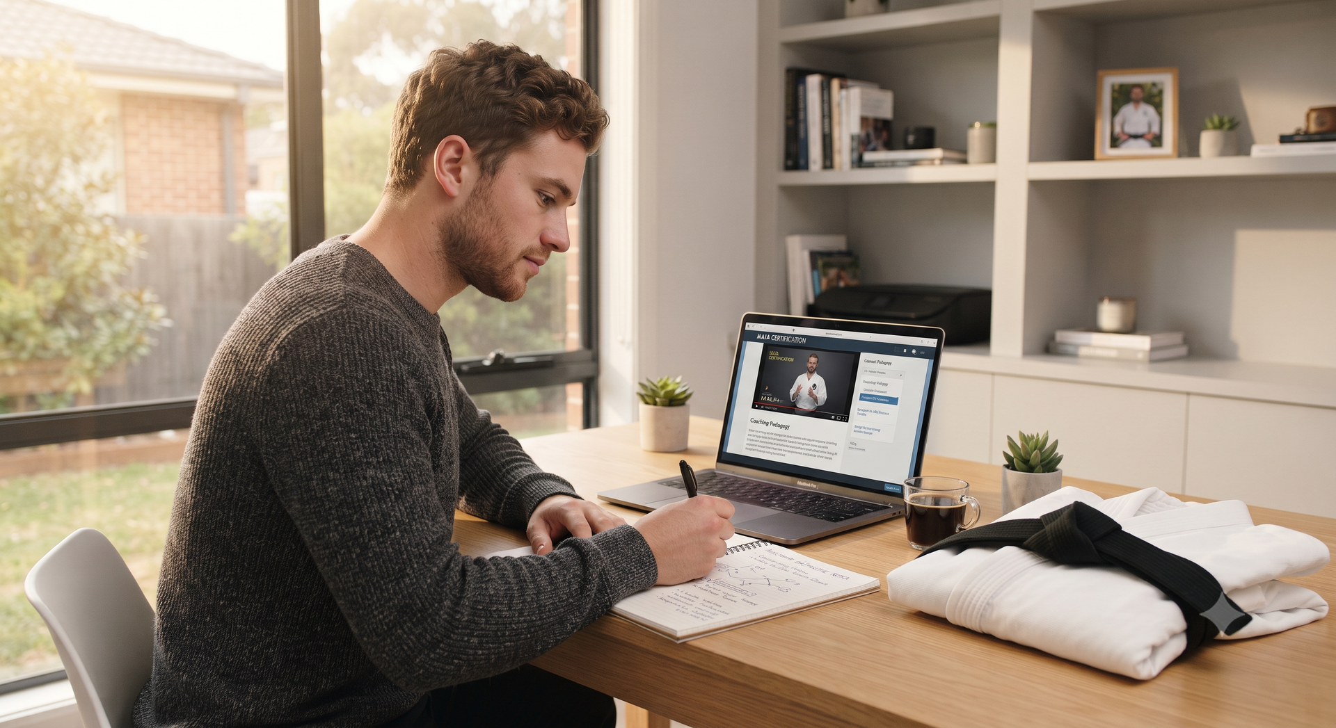 Man writing at a desk with a laptop, notebook, and cat in a bright home office.