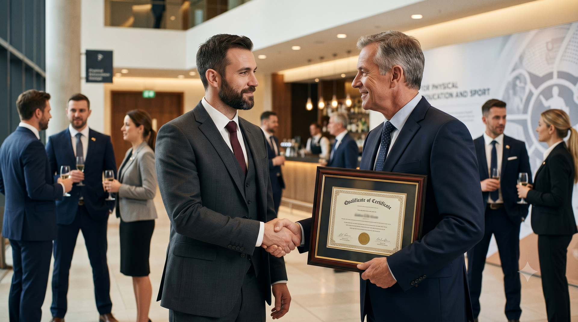 Two men in suits shake hands as one presents a framed award in a modern lobby.