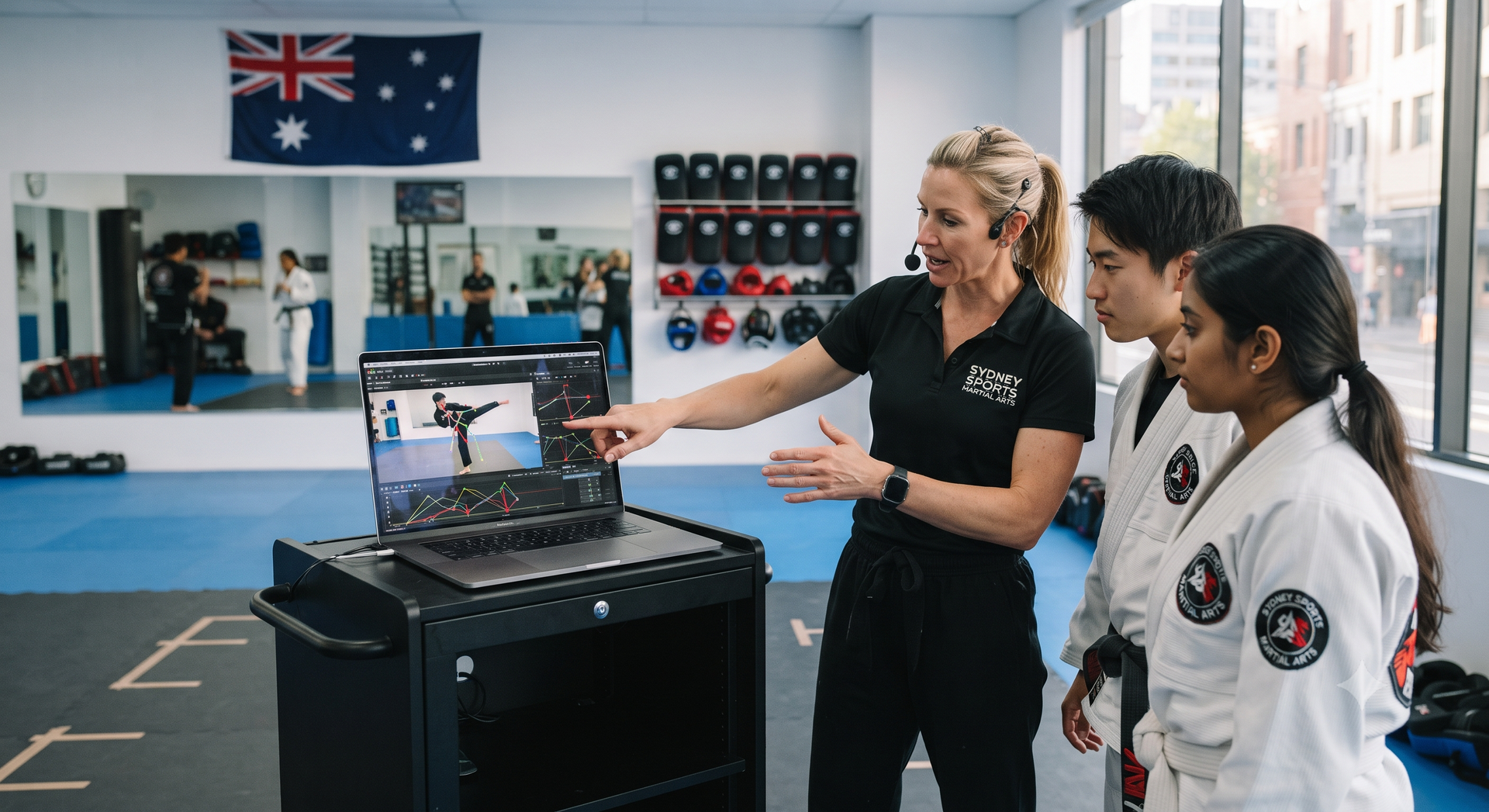Instructor pointing at a laptop in a martial arts studio with students watching a presentation screen