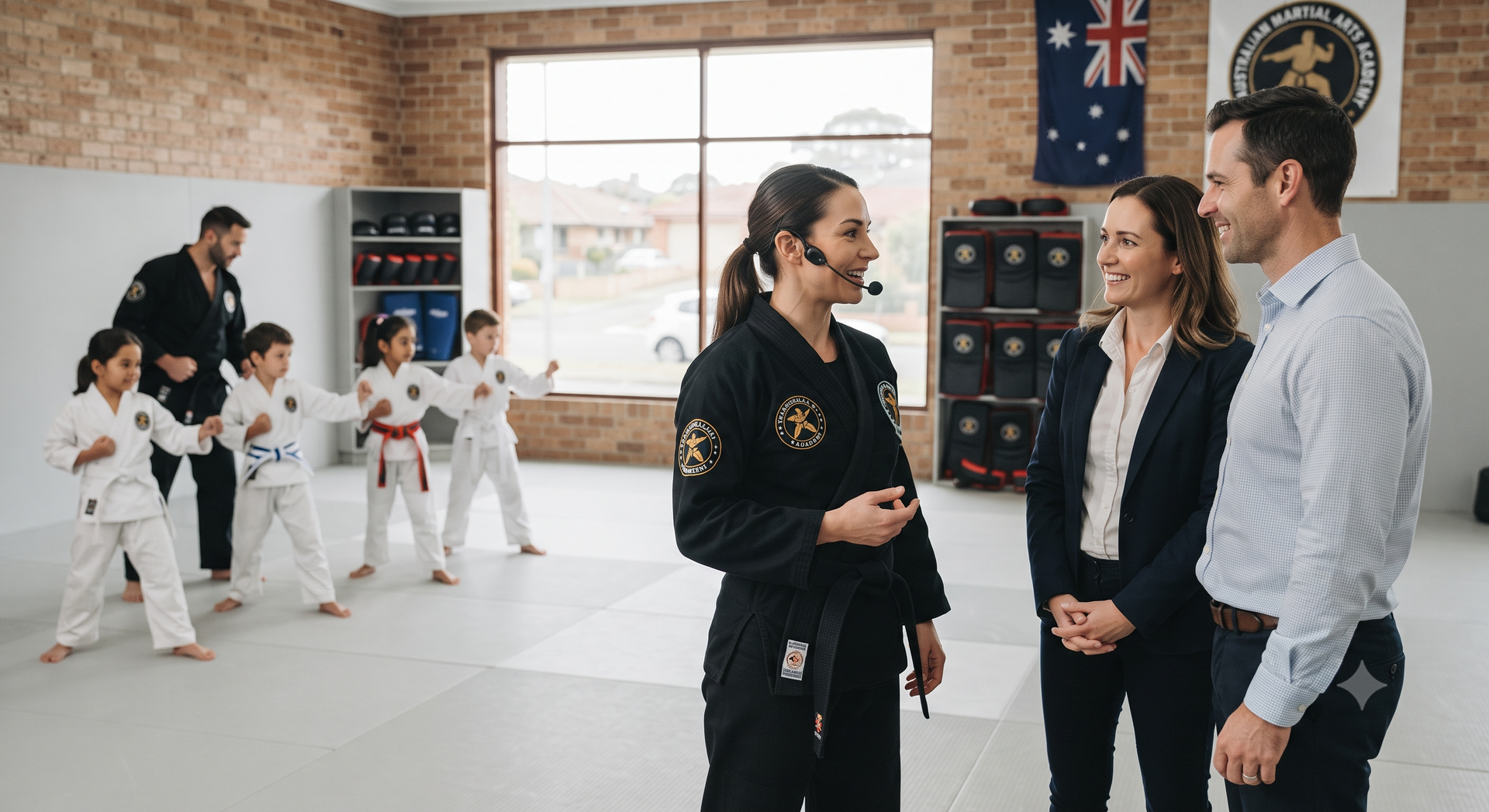 Martial arts class with children in white uniforms practicing while two adults talk with an instructor in a studio