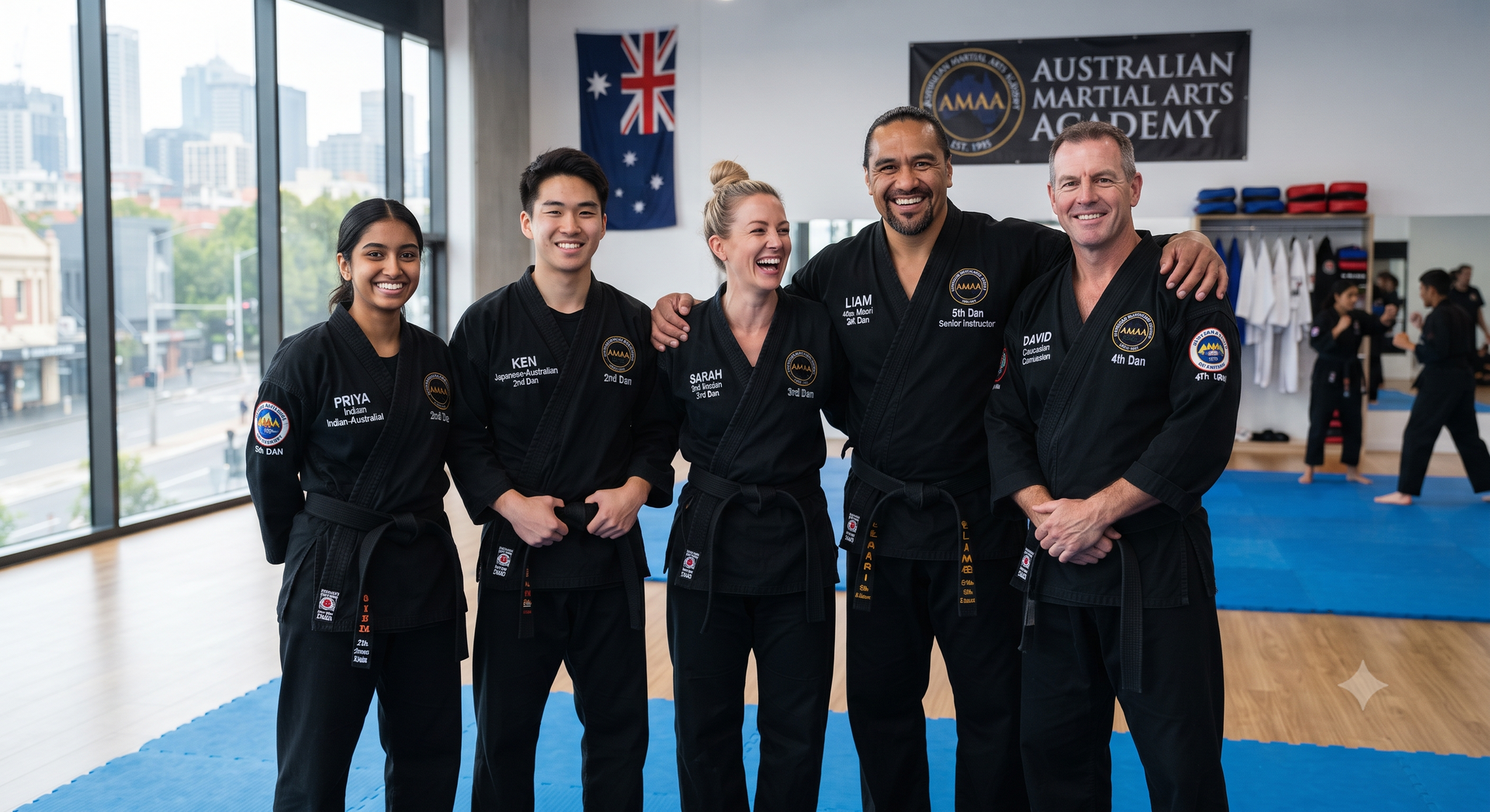 Five martial arts competitors in black gis pose indoors at an Australian Martial Arts Academy event.