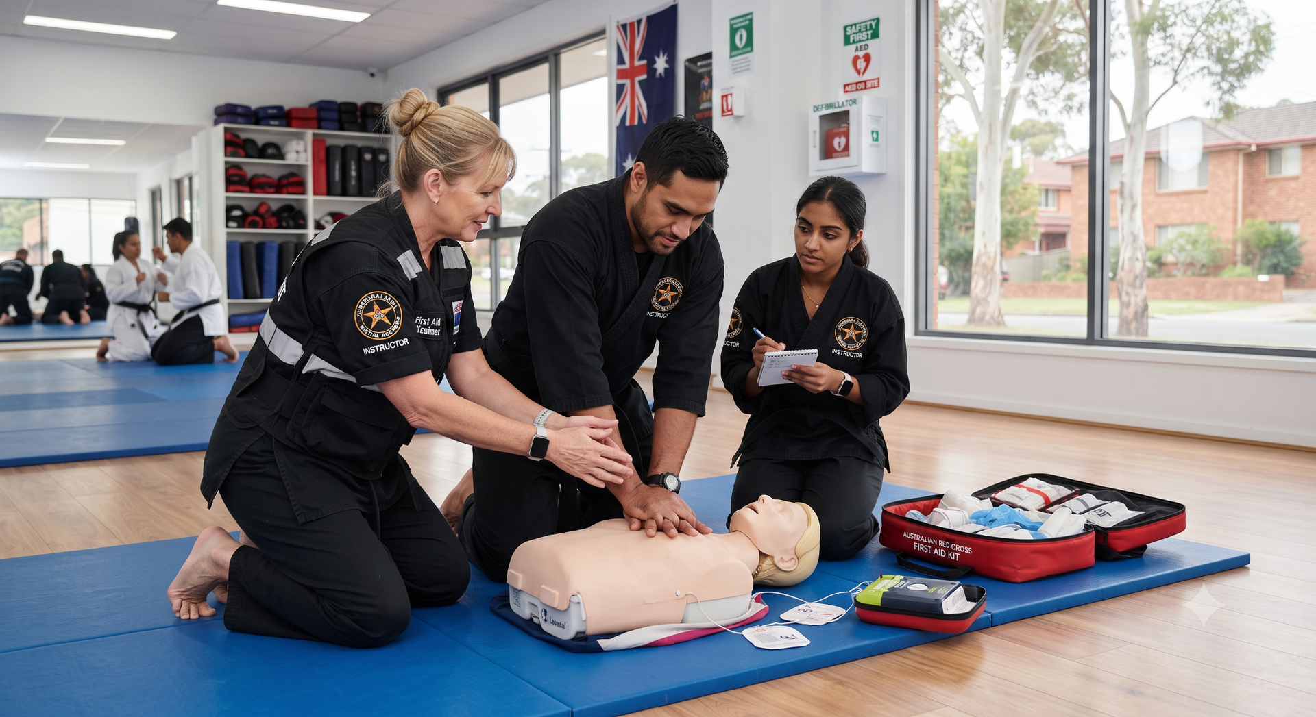 Three people kneel around a CPR manikin in a bright training room