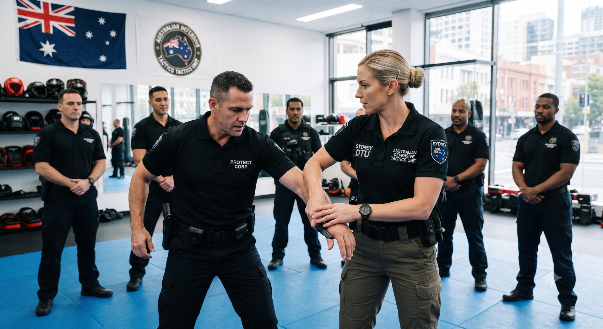 MMA class in a gym, with instructor demonstrating a technique to a student while others watch nearby.