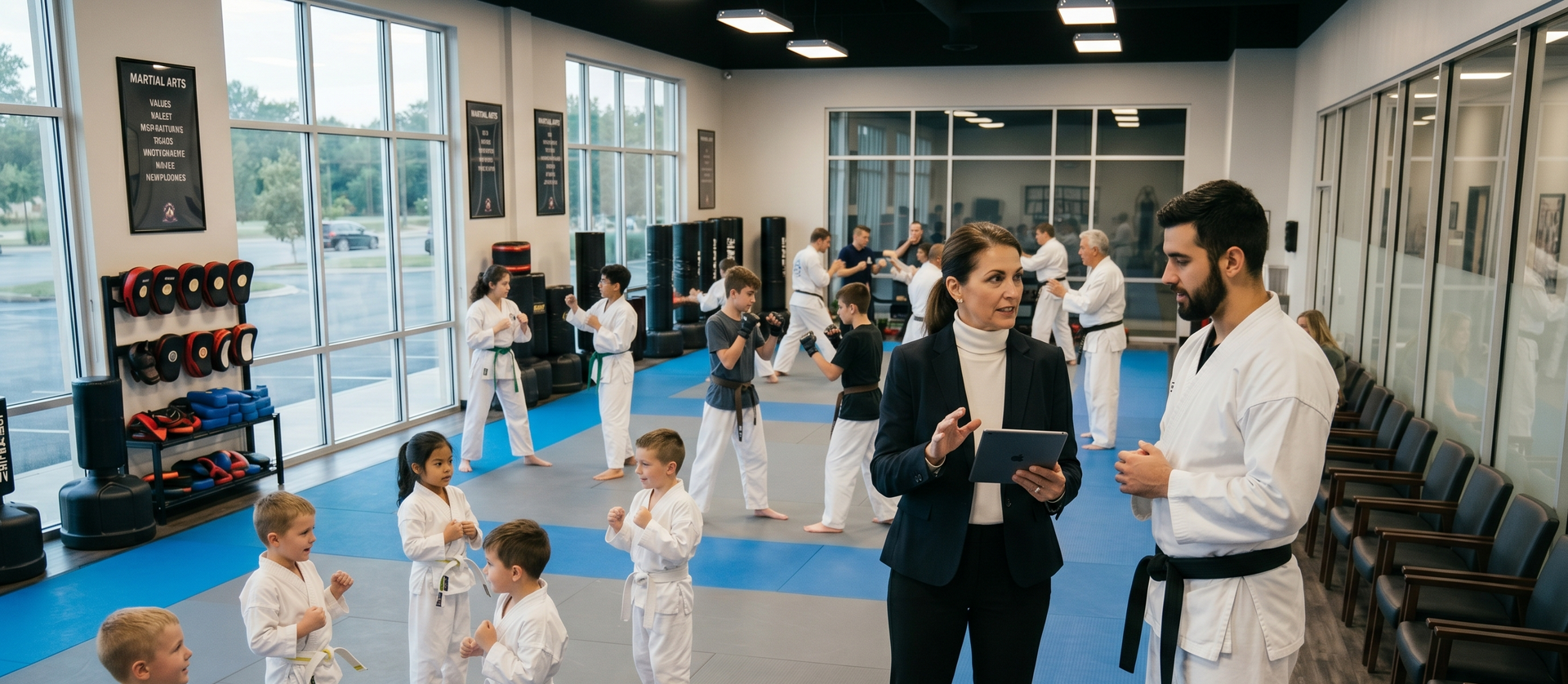 Martial arts class with children practicing in a bright studio while instructors watch and guide them