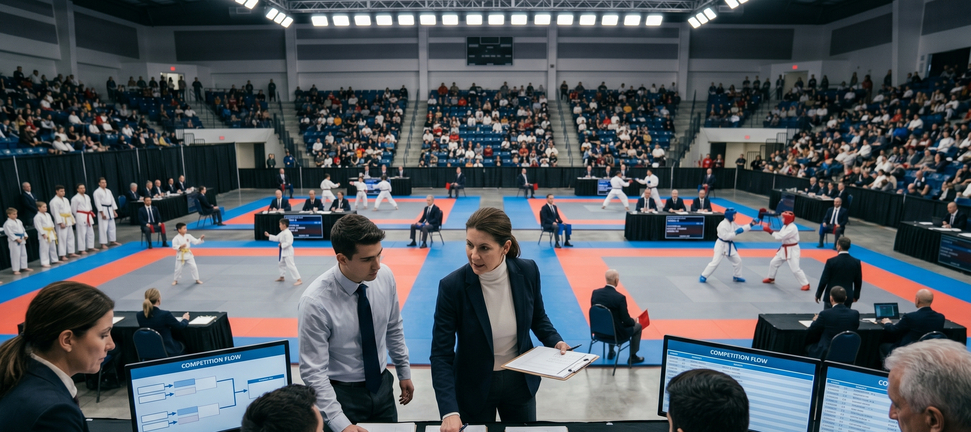 Indoor sports arena with a table tennis match, players on blue courts, and spectators in the stands.