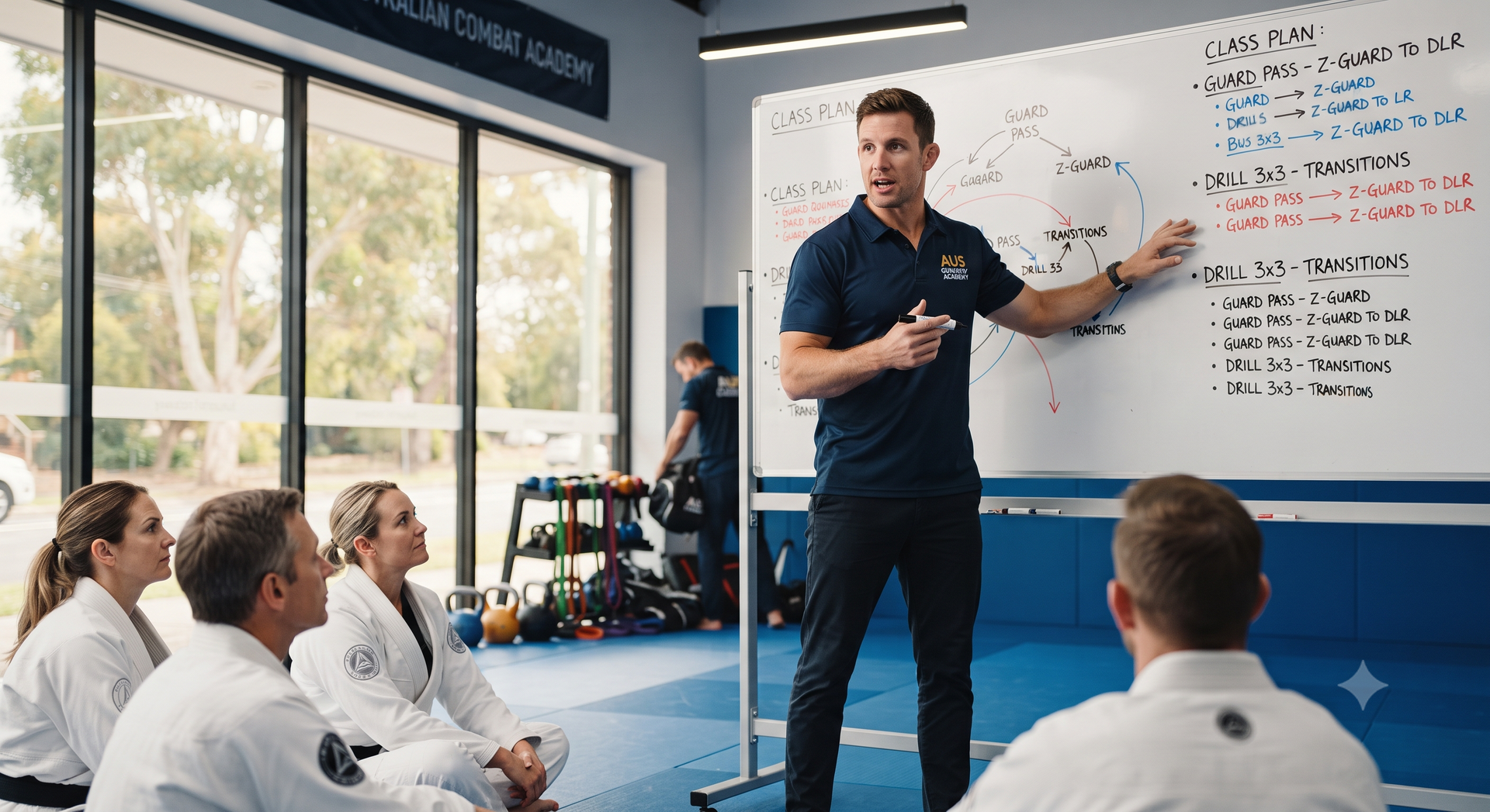 Instructor presenting workout plan to seated group in a bright gym, pointing at a whiteboard.