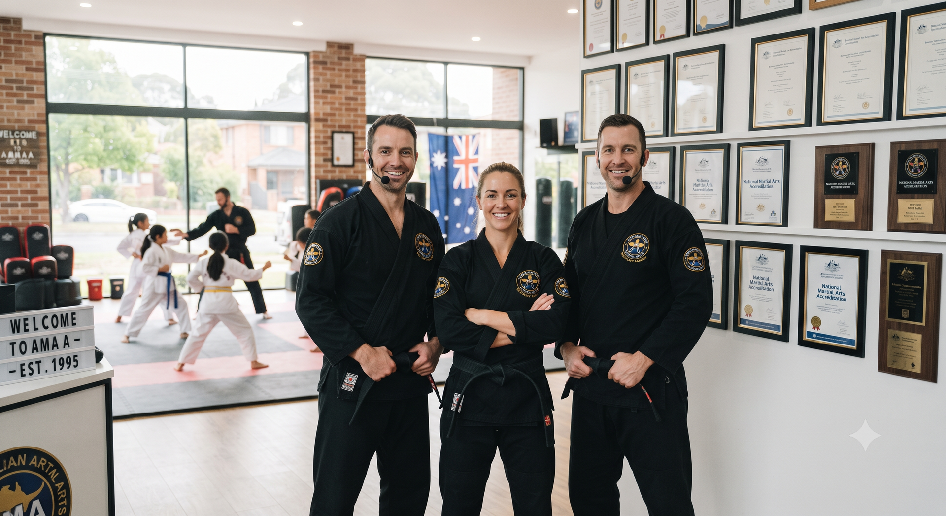 Three martial arts instructors in black uniforms stand in a bright studio with students training behind them.